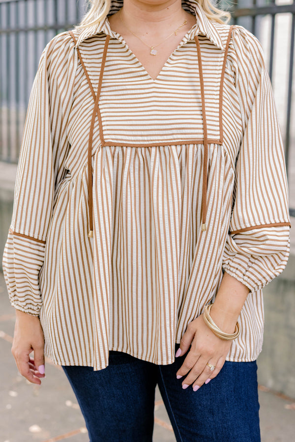 Chic Soul plus size clothing, long sleeve brown and white pinstripe collared blouse with tassels at the neckline