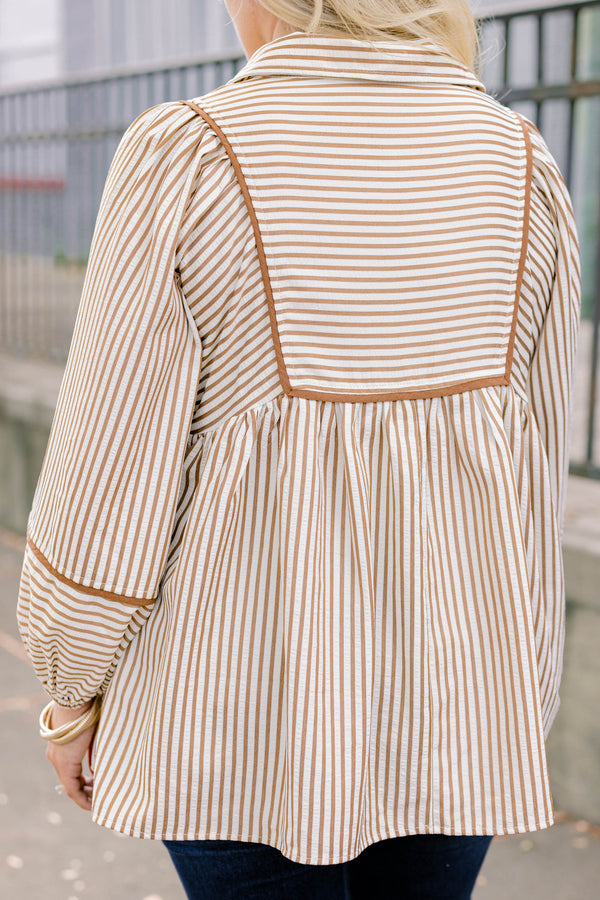 Chic Soul plus size clothing, long sleeve brown and white pinstripe collared blouse with tassels at the neckline