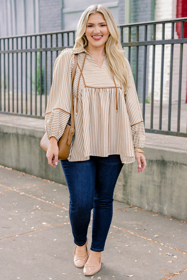 Chic Soul plus size clothing, long sleeve brown and white pinstripe collared blouse with tassels at the neckline