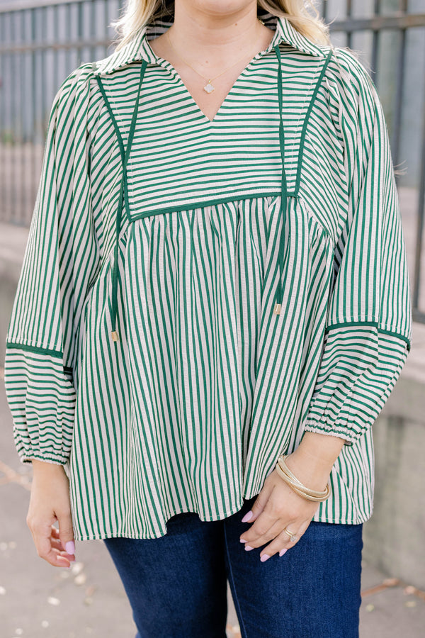 Chic Soul plus size clothing, green and white pin stripe long sleeve baby doll top