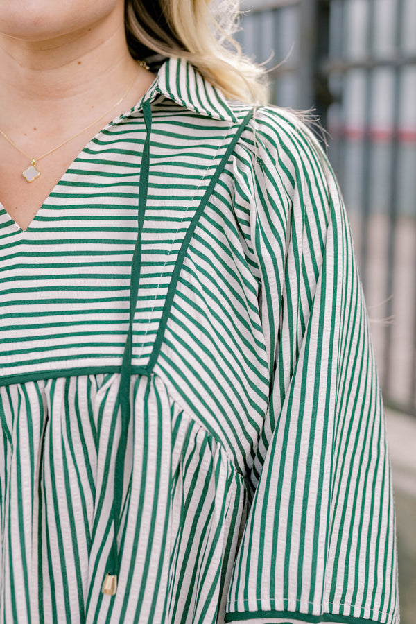 Chic Soul plus size clothing, green and white pin stripe long sleeve baby doll top