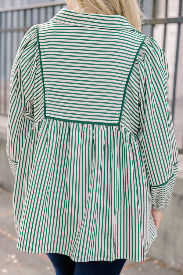 Chic Soul plus size clothing, green and white pin stripe long sleeve baby doll top