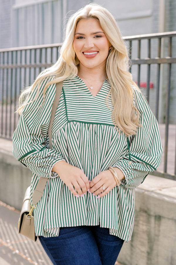 Chic Soul plus size clothing, green and white pin stripe long sleeve baby doll top