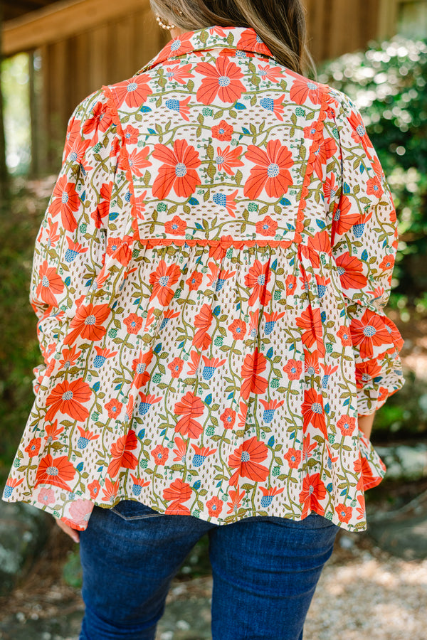 Chic Soul plus size clothing, orange floral 3/4 length sleeve blouse with collar 