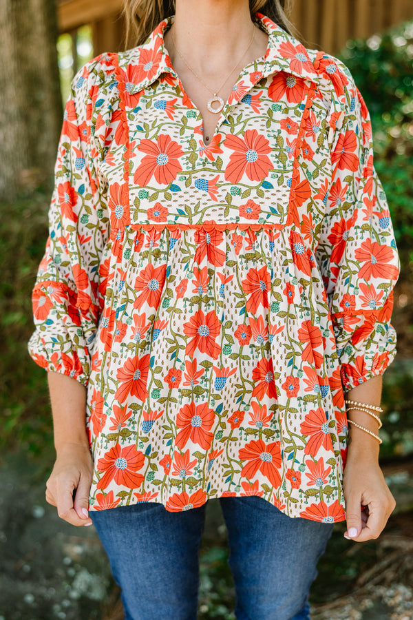 Chic Soul plus size clothing, orange floral 3/4 length sleeve blouse with collar 
