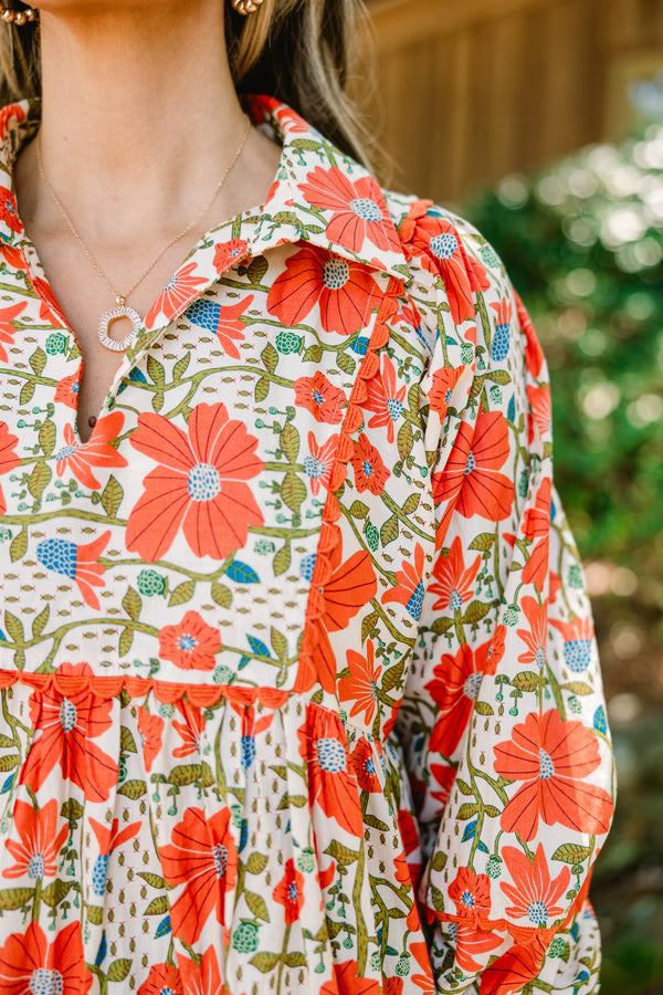 Chic Soul plus size clothing, orange floral 3/4 length sleeve blouse with collar 