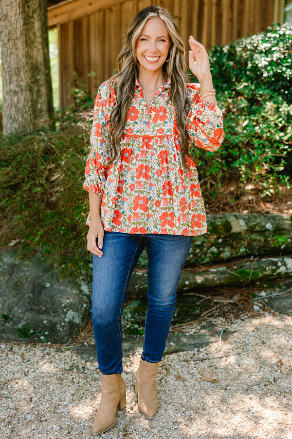 Chic Soul plus size clothing, orange floral 3/4 length sleeve blouse with collar 