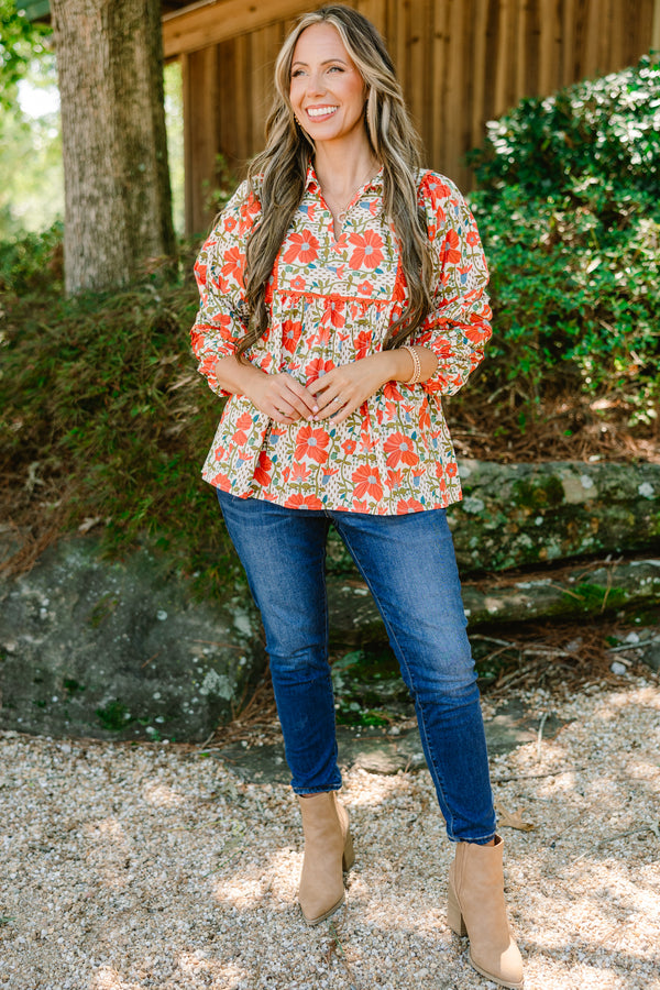 Chic Soul plus size clothing, orange floral 3/4 length sleeve blouse with collar 
