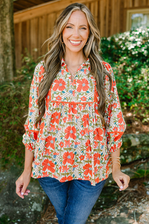 Chic Soul plus size clothing, orange floral 3/4 length sleeve blouse with collar 