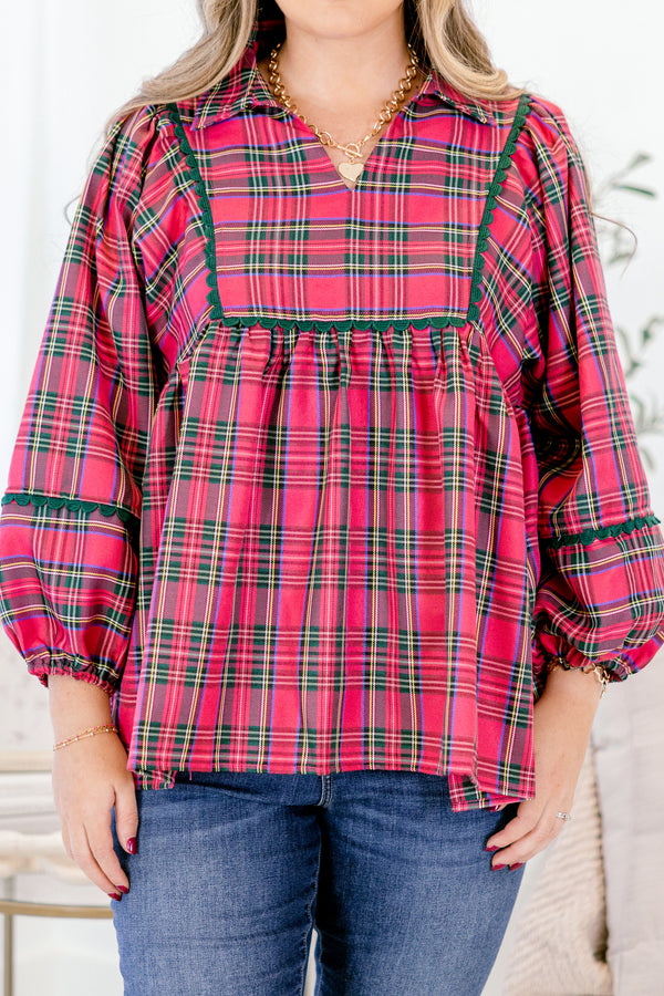 Chic Soul plus size clothing, pink and green plaid long puff sleeve baby doll top with green piping detailing
