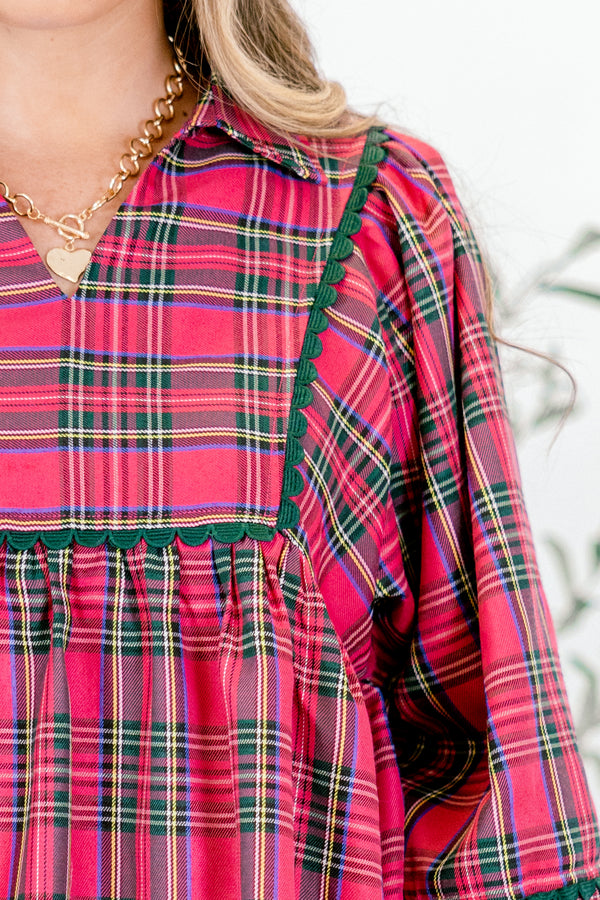 Chic Soul plus size clothing, pink and green plaid long puff sleeve baby doll top with green piping detailing