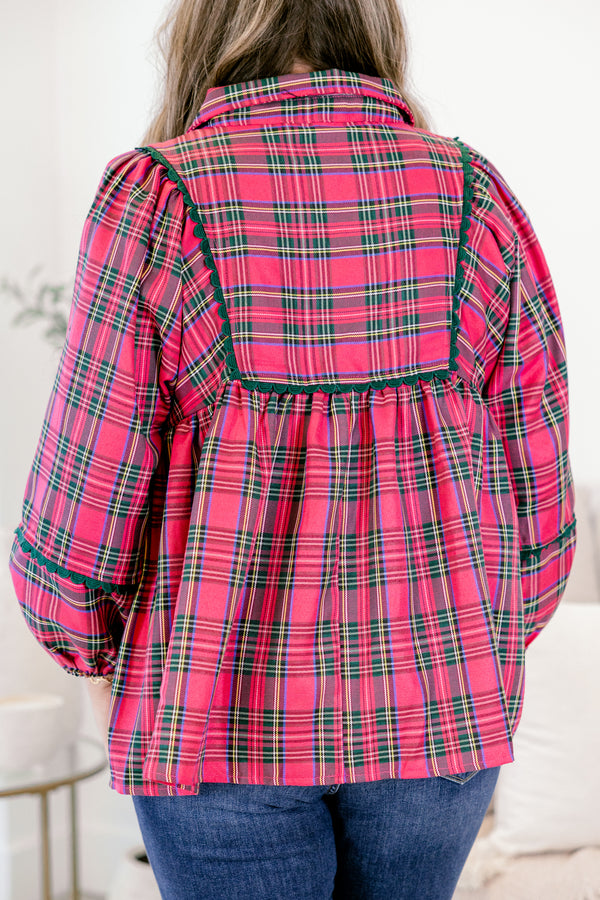 Chic Soul plus size clothing, pink and green plaid long puff sleeve baby doll top with green piping detailing