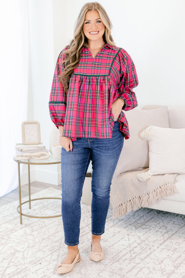 Chic Soul plus size clothing, pink and green plaid long puff sleeve baby doll top with green piping detailing