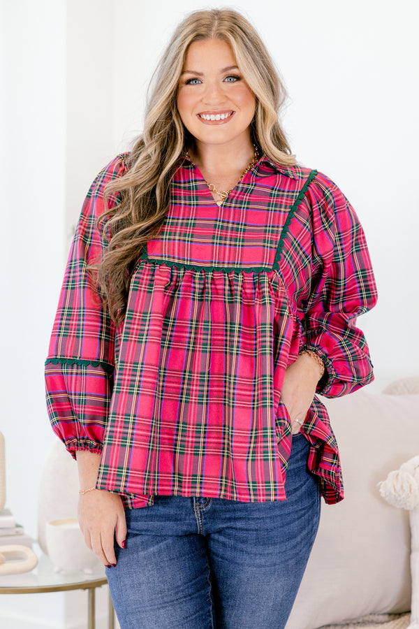 Chic Soul plus size clothing, pink and green plaid long puff sleeve baby doll top with green piping detailing