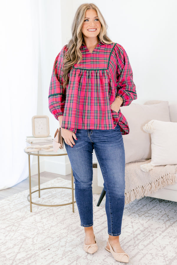 Chic Soul plus size clothing, pink and green plaid long puff sleeve baby doll top with green piping detailing