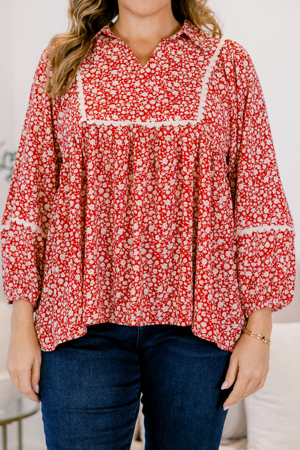 Chic Soul plus size clothing, red and white floral print long sleeve baby doll top with white scalloped detailing along the chest and sleeves
