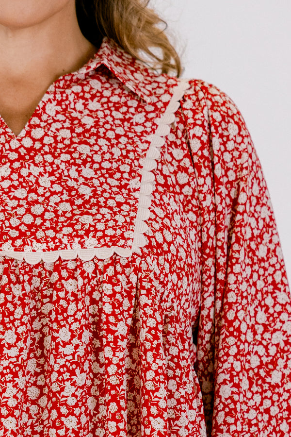 Chic Soul plus size clothing, red and white floral print long sleeve baby doll top with white scalloped detailing along the chest and sleeves