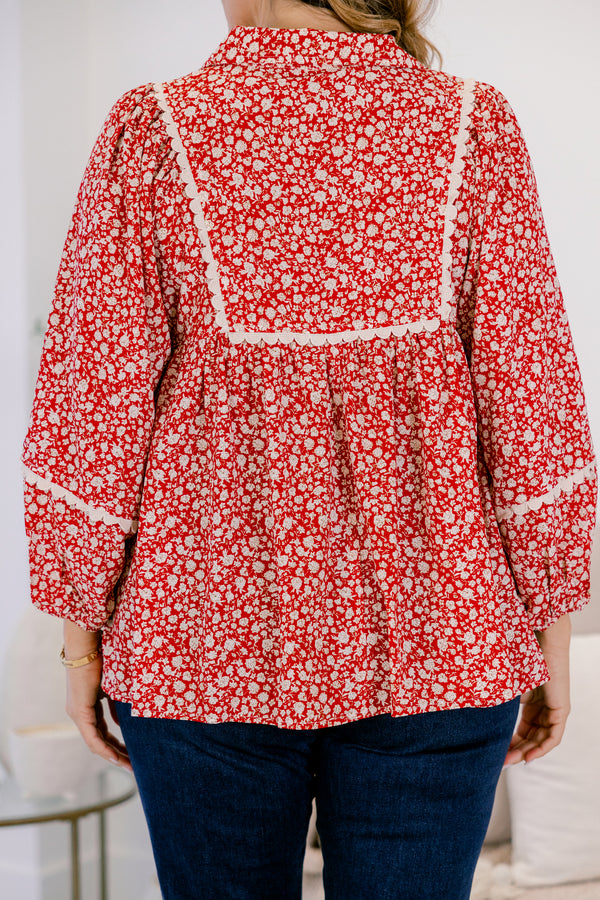 Chic Soul plus size clothing, red and white floral print long sleeve baby doll top with white scalloped detailing along the chest and sleeves