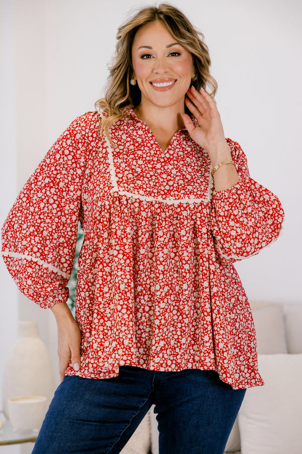 Chic Soul plus size clothing, red and white floral print long sleeve baby doll top with white scalloped detailing along the chest and sleeves
