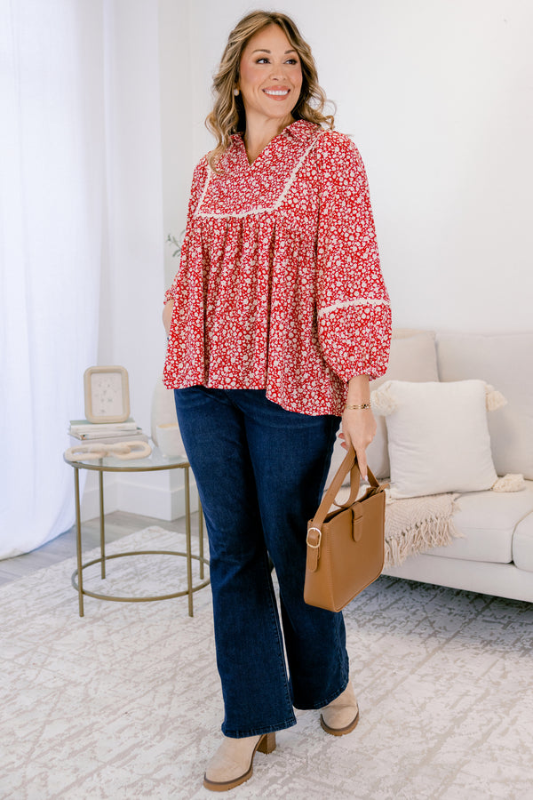 Chic Soul plus size clothing, red and white floral print long sleeve baby doll top with white scalloped detailing along the chest and sleeves