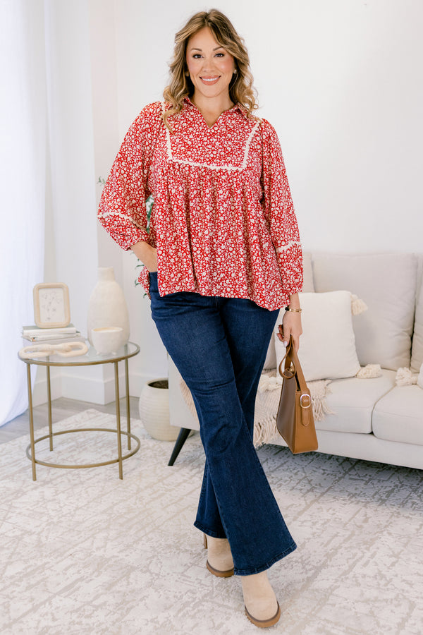 Chic Soul plus size clothing, red and white floral print long sleeve baby doll top with white scalloped detailing along the chest and sleeves