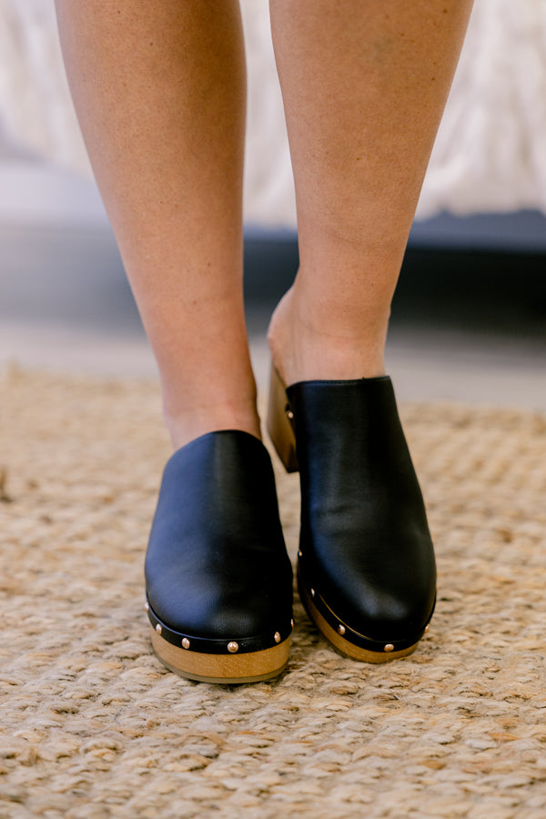 Chic Soul plus size clothing, black leather clogs with cork sole block heel and gold stud around the bottom