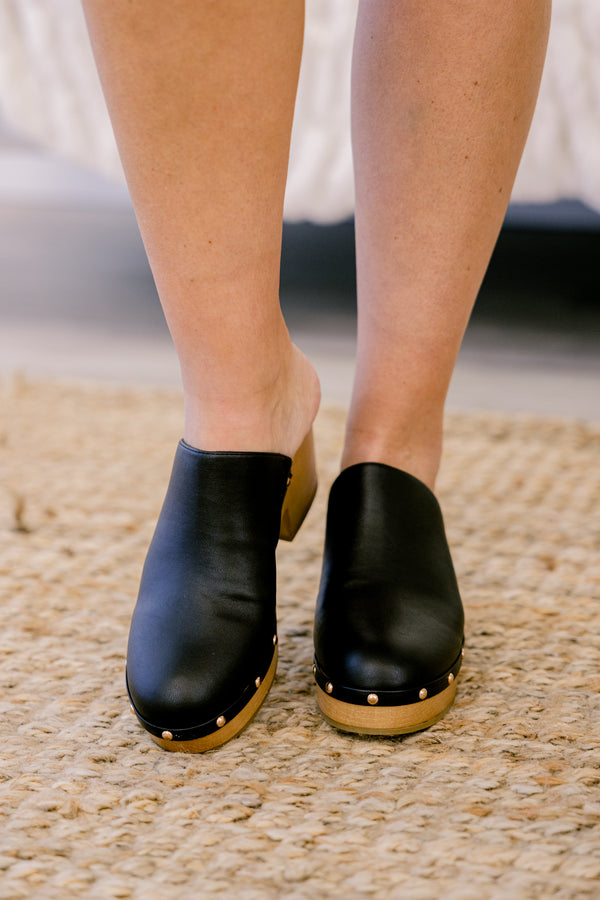Chic Soul plus size clothing, black leather clogs with cork sole block heel and gold stud around the bottom