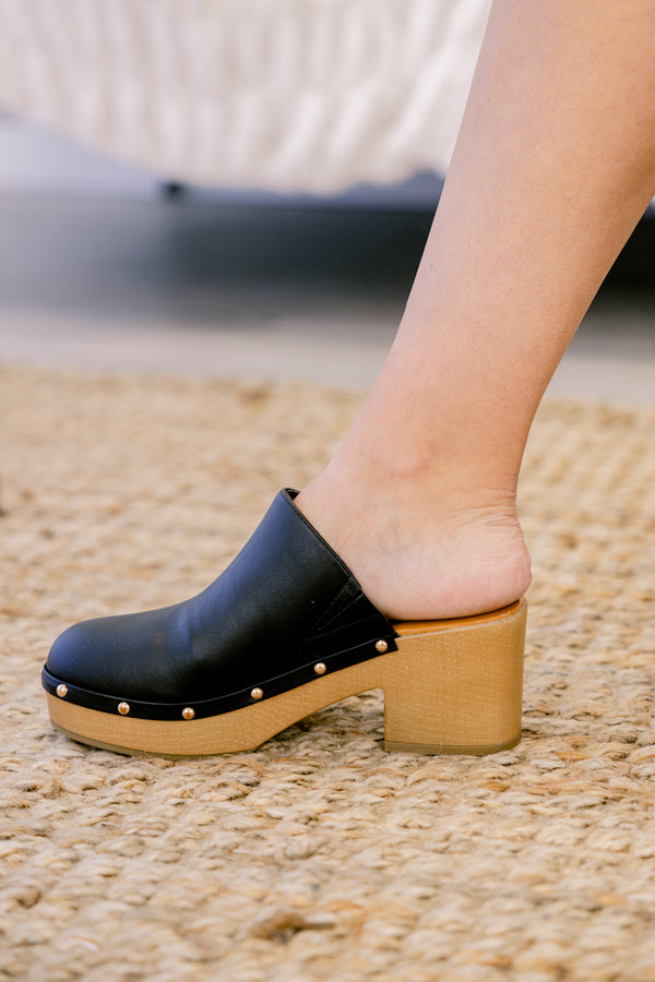Chic Soul plus size clothing, black leather clogs with cork sole block heel and gold stud around the bottom