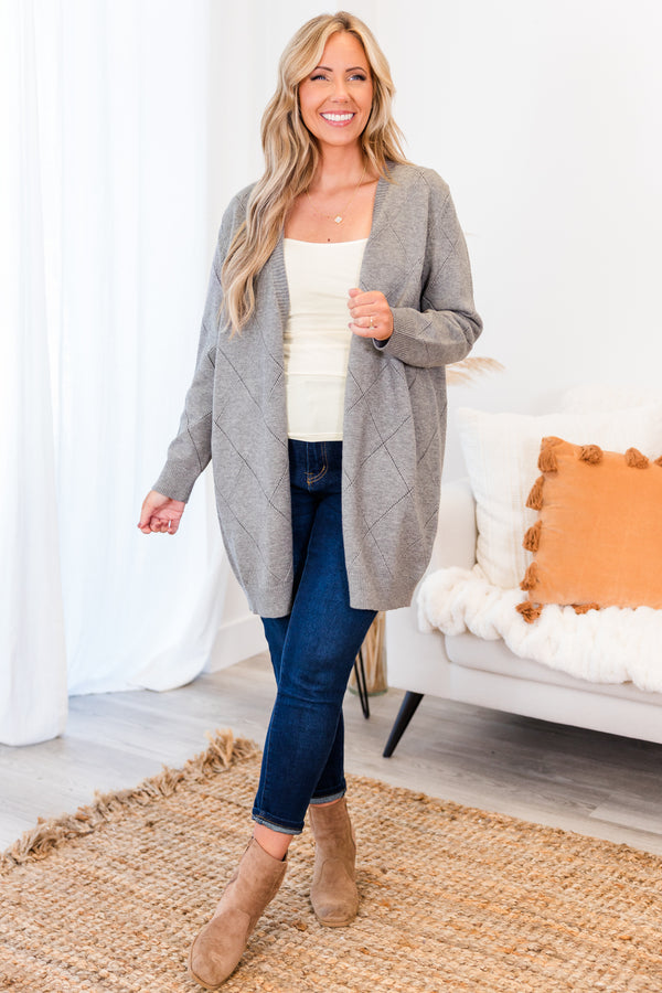 Chic Soul plus size clothing, long-sleeve heather grey mid-thigh-length cardigan with diamond shaped knitting pattern 