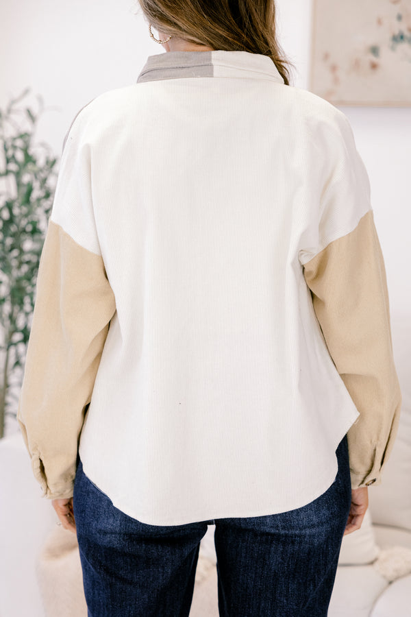 Chic Soul plus size clothing, tan sleeve and white and grey colorblock jacket with wooden buttons down the front and collar