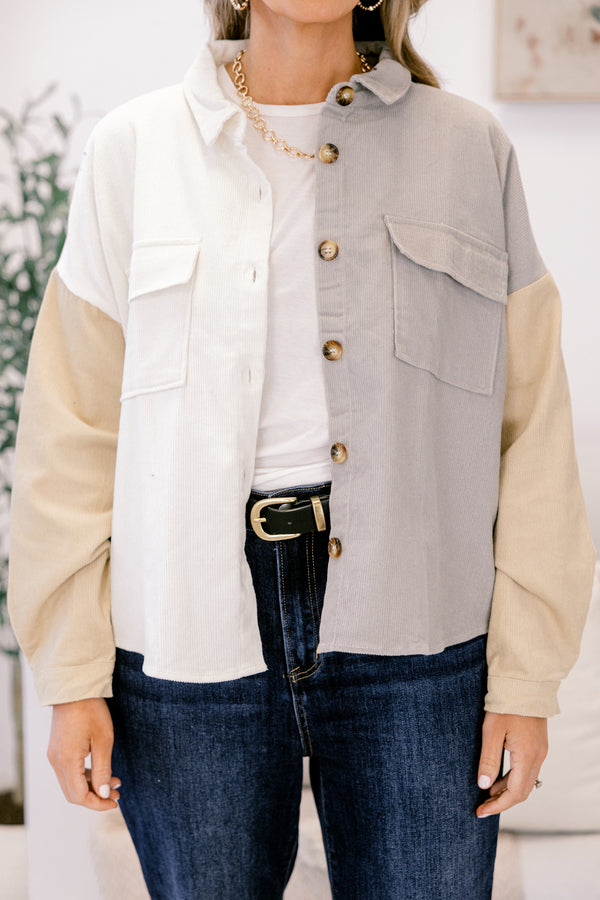 Chic Soul plus size clothing, tan sleeve and white and grey colorblock jacket with wooden buttons down the front and collar