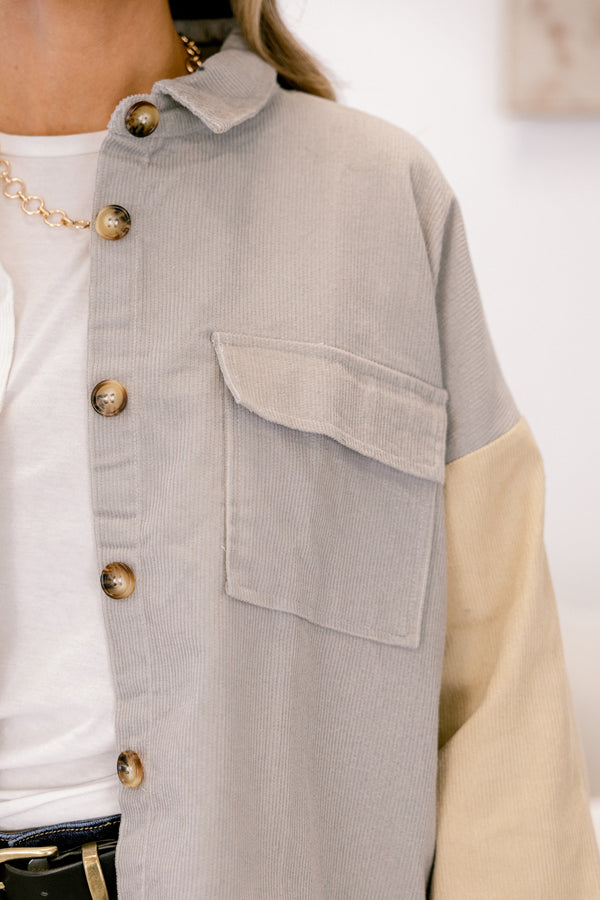 Chic Soul plus size clothing, tan sleeve and white and grey colorblock jacket with wooden buttons down the front and collar