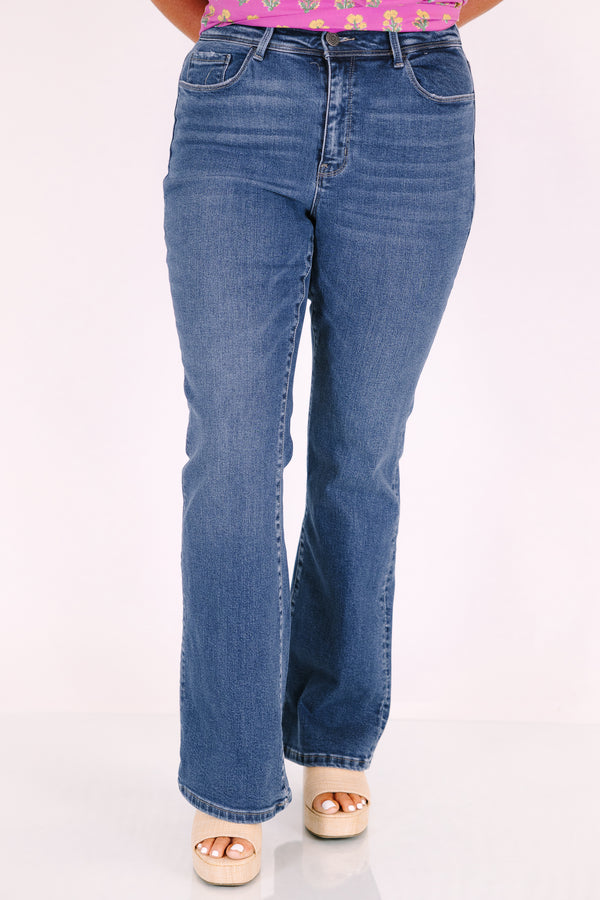 Chic Soul plus size clothing, medium wash mid-rise boot cut jeans