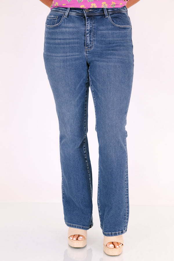 Chic Soul plus size clothing, medium wash mid-rise boot cut jeans