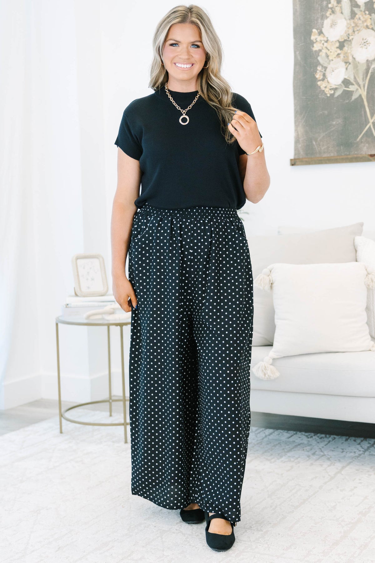 Slacks pants polka dots トスタルジッククロージング Taking Time Pants, Black Polka-Dot – Chic Soul