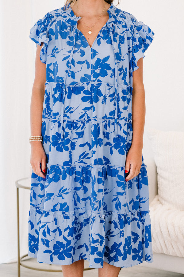 Chic Soul plus size clothing, short sleeve ruffled blue dress with v-neckline and tassels with darker blue floral details