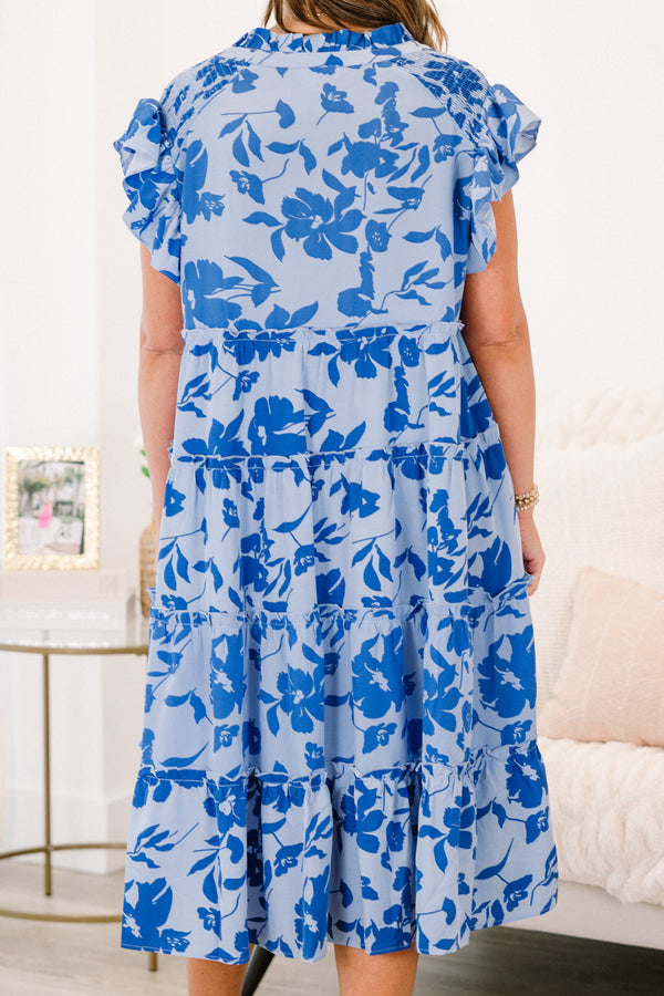 Chic Soul plus size clothing, short sleeve ruffled blue dress with v-neckline and tassels with darker blue floral details