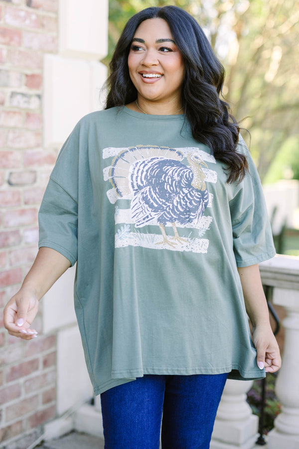 Plus size clothing, moss oversized boyfriend tee with turkey graphic