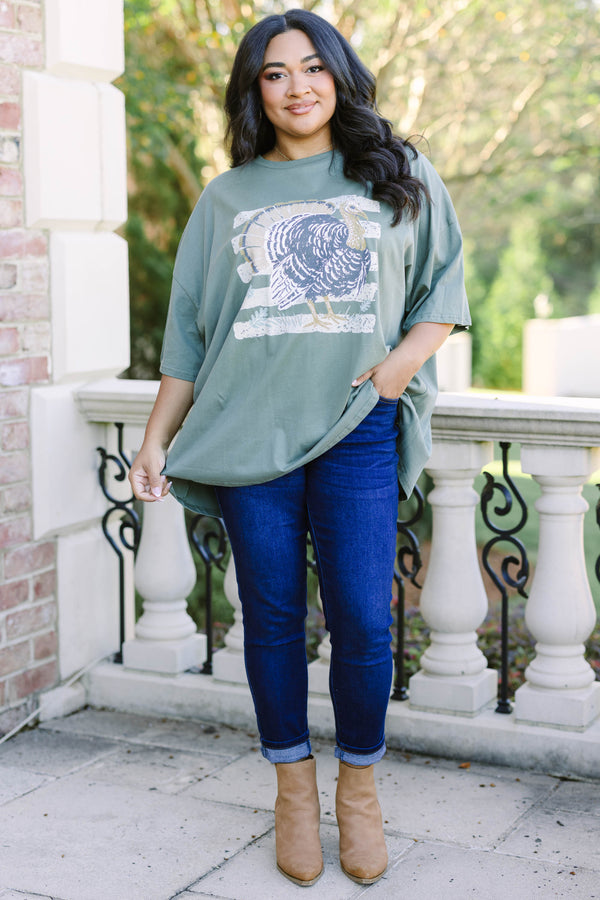 Plus size clothing, moss oversized boyfriend tee with turkey graphic