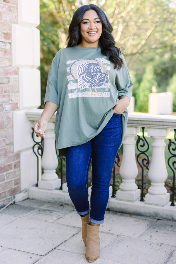 Plus size clothing, moss oversized boyfriend tee with turkey graphic