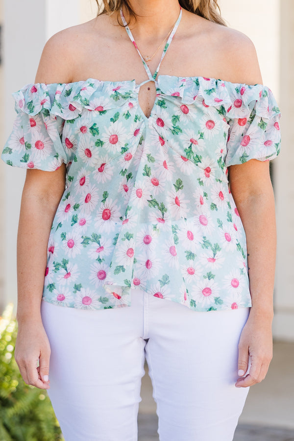 Plus Size sky blue floral babydoll top with an off-the-shoulder neckline and keyhole cutout.