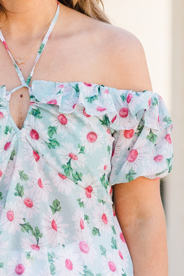 Plus Size sky blue floral babydoll top with an off-the-shoulder neckline and keyhole cutout.