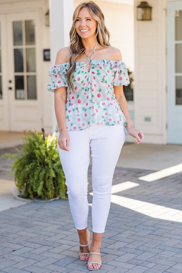 Plus Size sky blue floral babydoll top with an off-the-shoulder neckline and keyhole cutout.