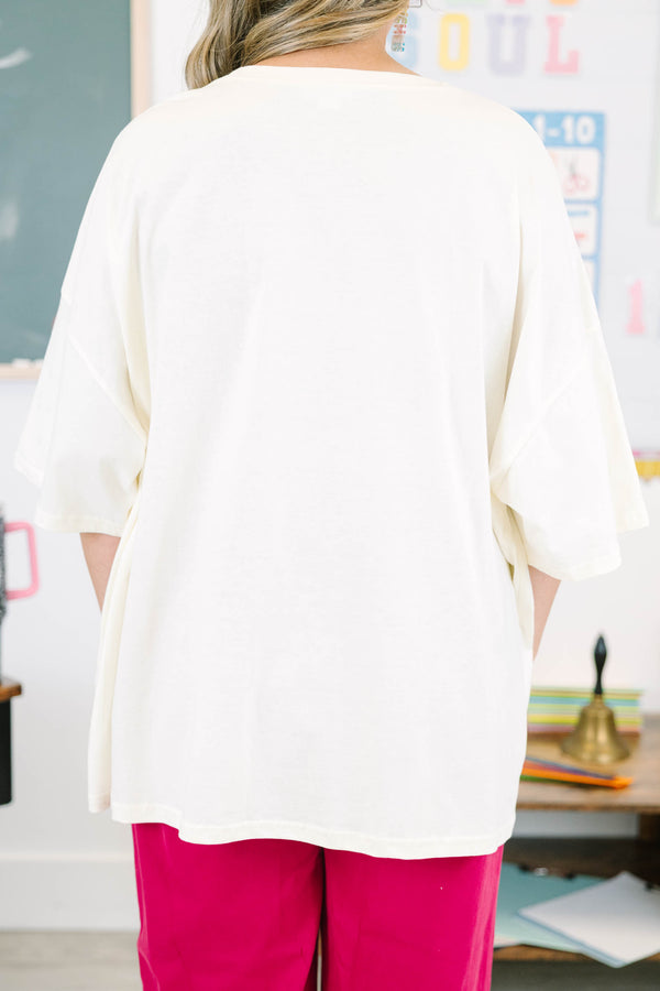 Plus Size ivory boyfriend tee with 'teach love inspire' graphic in hot pink with green stripe background