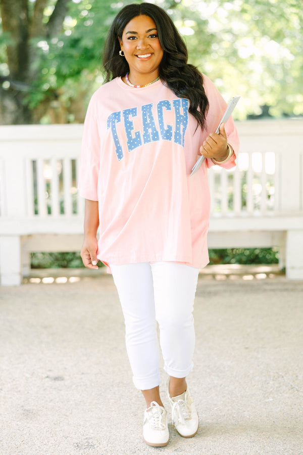 Plus size dark pink oversized boyfriend tee with blue polka dot 'TEACH' graphic