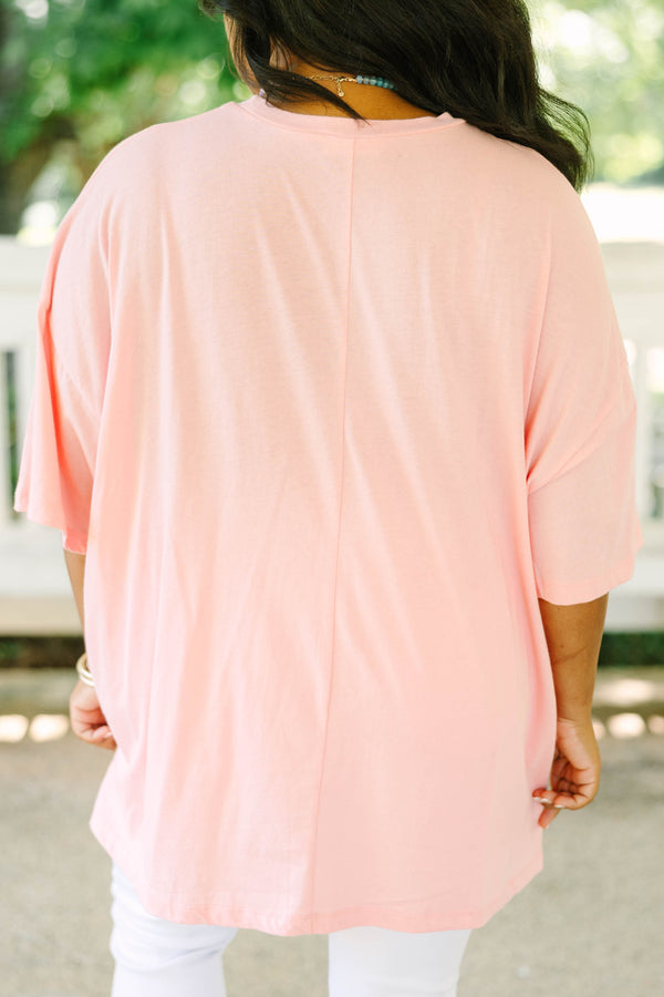 Plus size dark pink oversized boyfriend tee with blue polka dot 'TEACH' graphic
