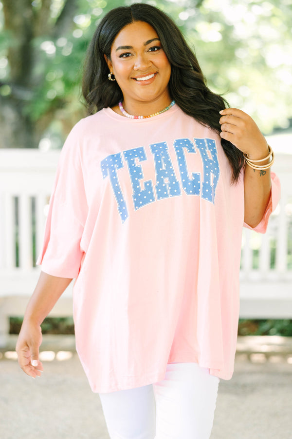 Plus size dark pink oversized boyfriend tee with blue polka dot 'TEACH' graphic