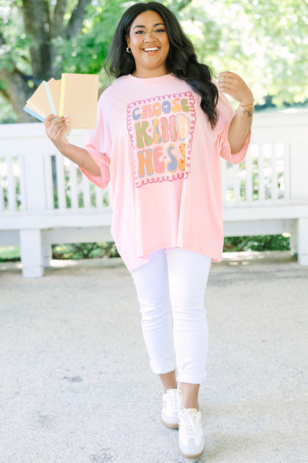 Plus Size dark pink oversized boyfriend tee with a colorful Choose Kindness graphic and crew neck.