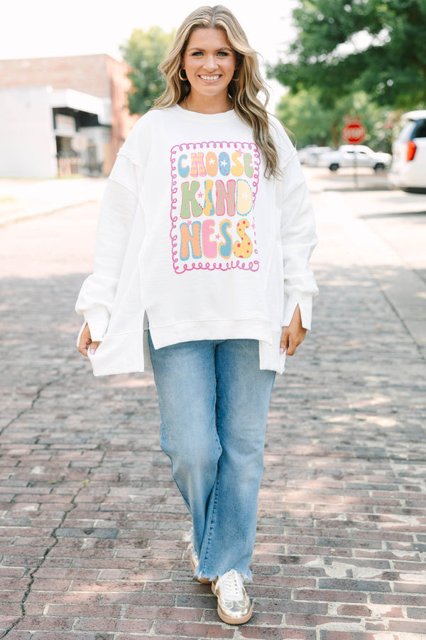 Plus Size ivory crew neck sweatshirt with a colorful 