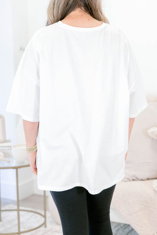 Chic Soul plus size clothing, white short sleeve boyfriend tee with 